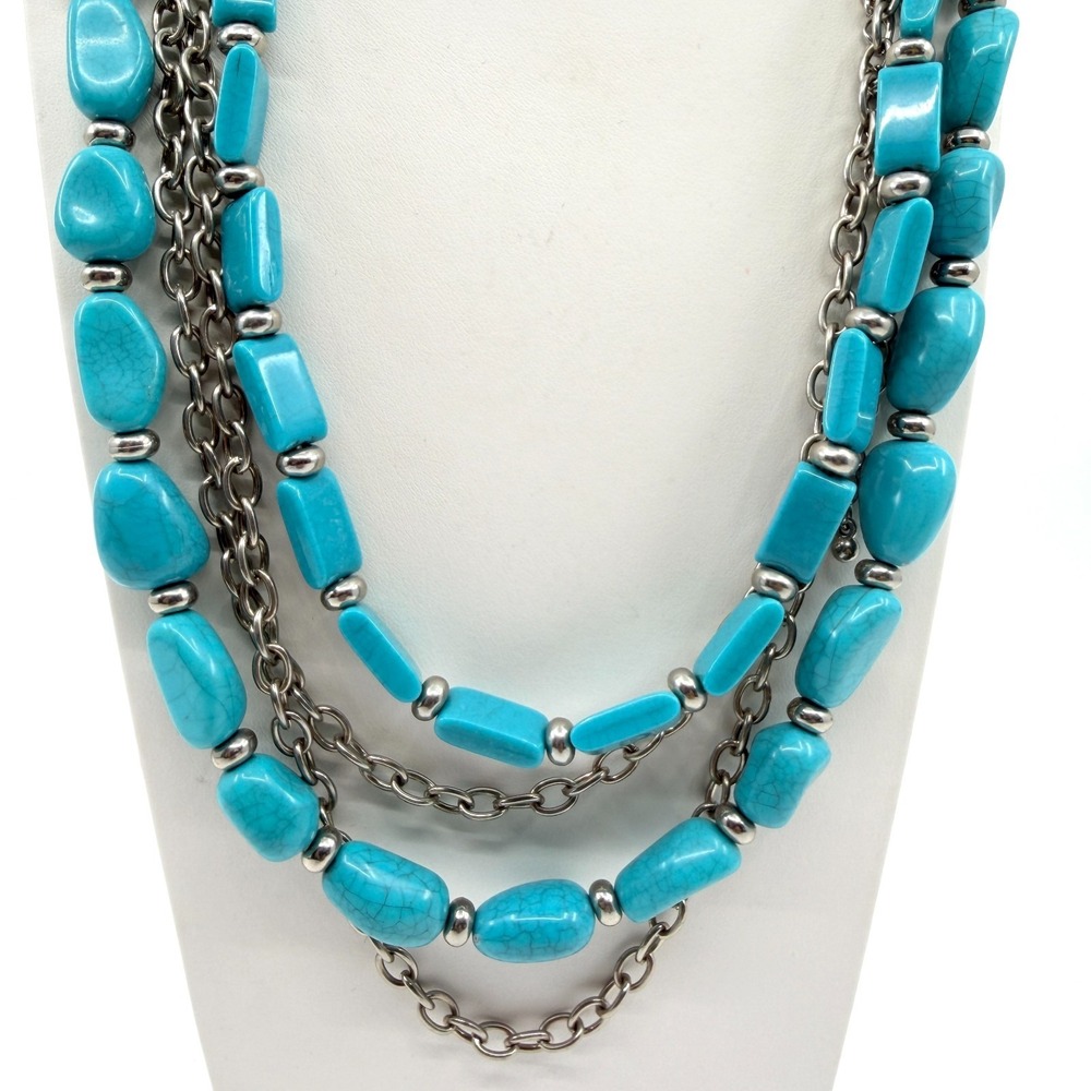 Vintage Silver Tone Turquoise Multi Strand Chunky Layered Necklace